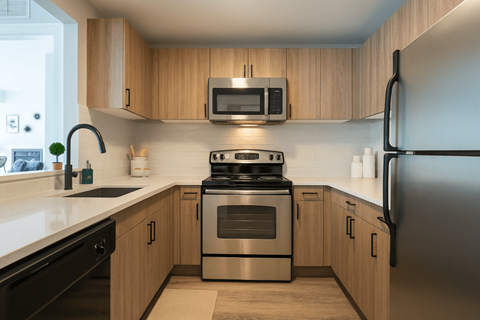 A modern kitchen with wooden cabinets and stainless steel appliances.