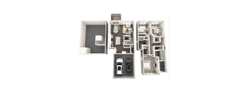 A 3D floor plan of a house with a car parked in the garage.