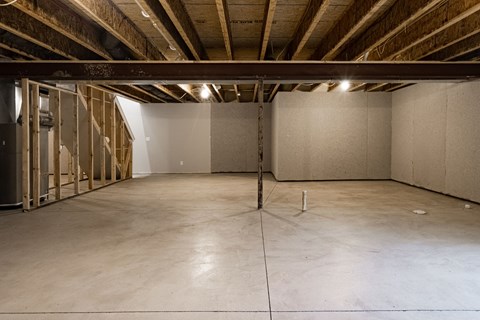 A spacious unfinished room with a concrete floor and exposed ceiling structure.