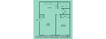 A floor plan of a small apartment with a living room, kitchen, bathroom, and two closets.