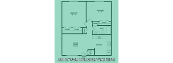 A floor plan of a house with two bedrooms, a living room, a kitchen, and a bathroom, with an entry and three closets.