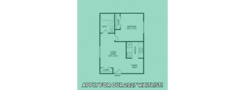 A floor plan of a small apartment with a call to action to apply for a waitlist.