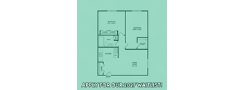 A floor plan of a house with a living room, two bedrooms, a bathroom, and a kitchen.