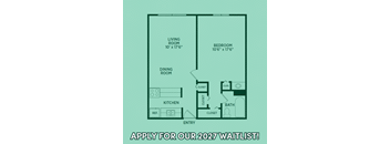 A floor plan of a small apartment with a living room, dining room, kitchen, and bathroom.