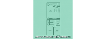 A floor plan of an apartment with two bedrooms, a living room, a kitchen, a bathroom, and a laundry room.
