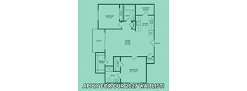 A floor plan of a house with a laundry room, two bedrooms, a living room, a kitchen, a bath, a patio, and a walk-in closet.