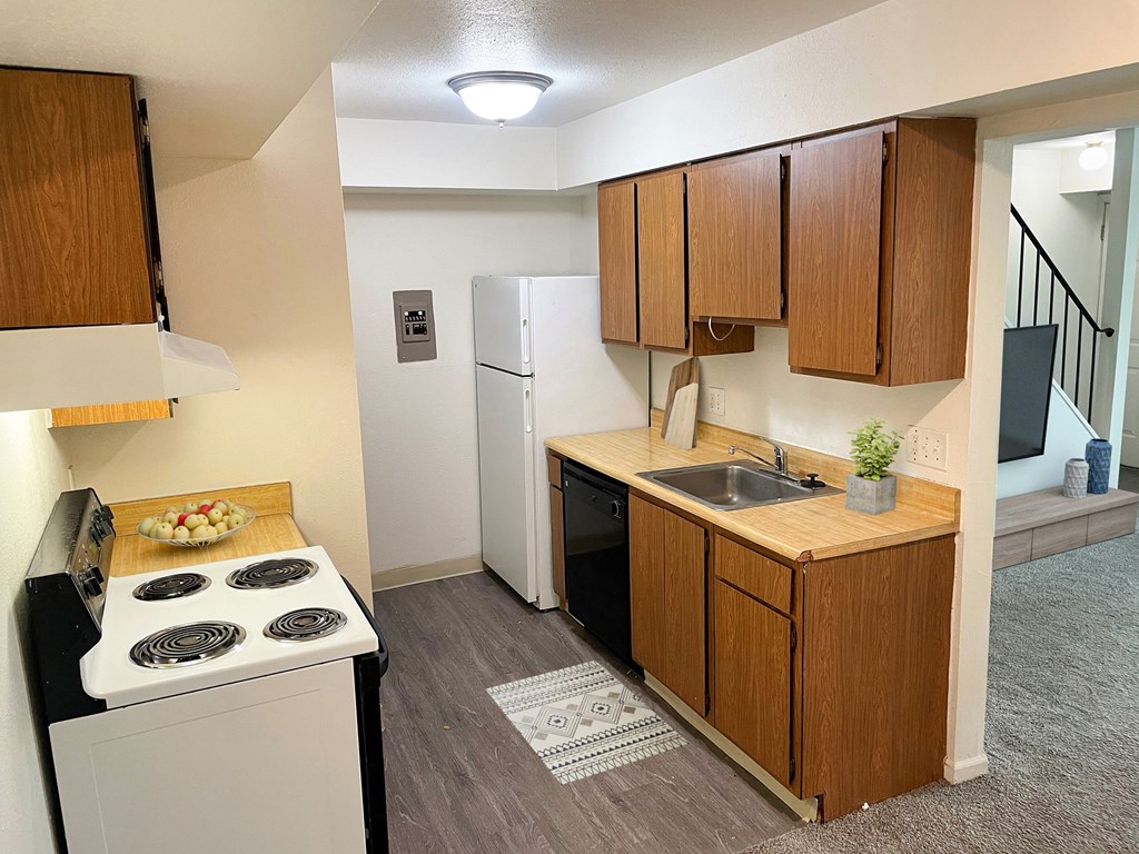 a kitchen with a stove and a sink and a refrigerator