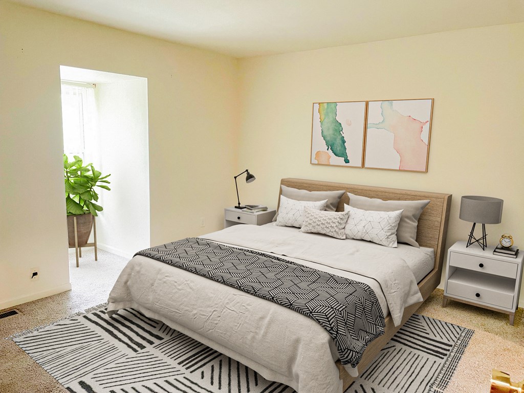 a bedroom with a bed and a rug