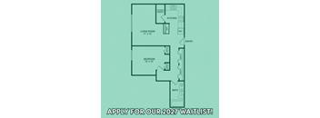 A floor plan of a house with a living room, kitchen, bedroom, bathroom, and entry.