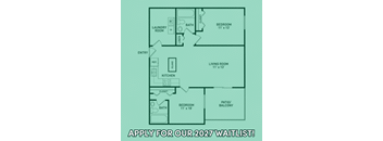 A floor plan of a small apartment with a laundry room, bathroom, kitchen, living room, and two bedrooms.