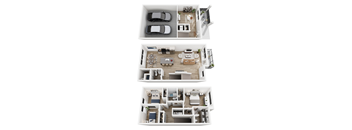 Three different floor plans of a house with a garage and a living room.