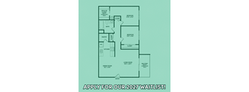 A floor plan for an apartment is displayed with a call to action to apply for a waitlist for 2027.