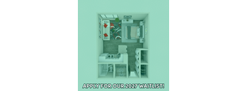 A poster with a waitlist for 2027 is displayed over a cutout image of a room.