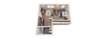 A top-down view of a small apartment with a bed, a couch, a kitchenette, and a bathroom.