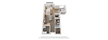 A 3D floor plan of a small apartment with a kitchen, living room, and bathroom.