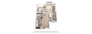 A 3D floor plan of a small apartment with a kitchen, living room, and bathroom.