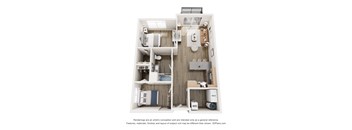 A 3D floor plan of a small apartment with a kitchen, living room, and bathroom.
