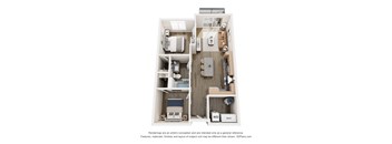 A 3D floor plan of a small apartment with a kitchen, living room, and bathroom.