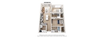 A 3D floor plan of a small apartment with a kitchen, living room, and bathroom.