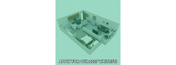 A 3D rendered image of a room with the text "APPLY FOR OUR 2027 WAITLIST!"