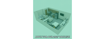 A room with a bed, sink, and toilet with the text "Apply for our 2027 waitlist!"