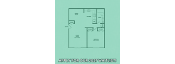 A floor plan of a small apartment with a living room, dining room, kitchen, bathroom, and two closets.