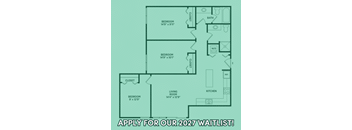 A floor plan of a house with three bedrooms and a living room, with the text "APPLY FOR OUR 2027 WAITLIST!"