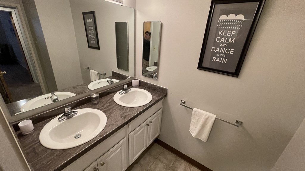 a bathroom with two sinks and a mirror and a towel rack