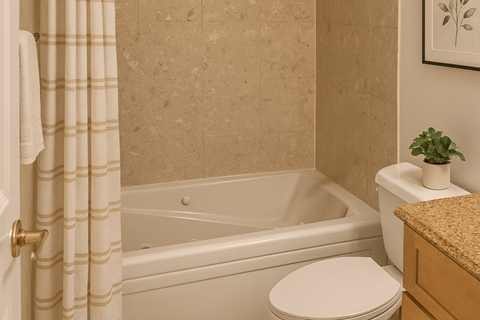 A bathroom with a toilet, a bathtub, and a plant.