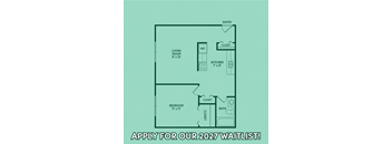A floor plan of a small apartment with a living room, kitchen, bedroom, and bathroom, with an entry point at the top.