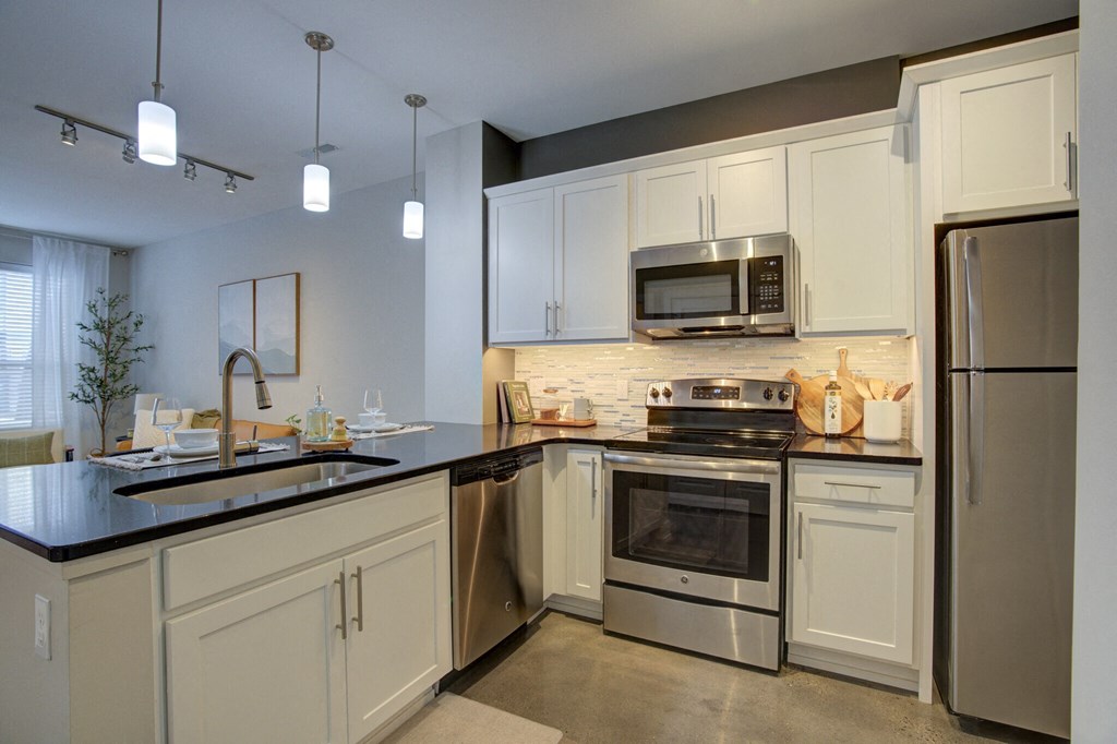 Modern kitchen at Vista at the Heights Apartments in Lansing, MI