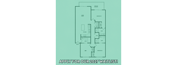 A floor plan of an apartment with a living room, kitchen, bathrooms, and two bedrooms.
