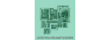 A poster advertising a waitlist for 2027 with a floor plan of a house.