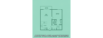 A floor plan of a house with a balcony and a living room, and a call to apply for a waitlist.