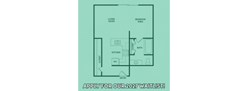 A floor plan of a small apartment with a living room, kitchen, bathroom, and closet.