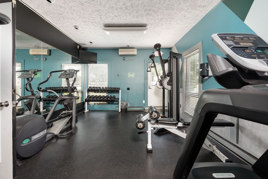 A gym with a treadmill, elliptical machines, and weights.