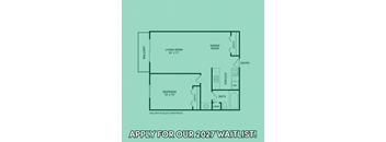 A floor plan of an apartment with a living room, dining room, kitchen, bath, and bedroom.