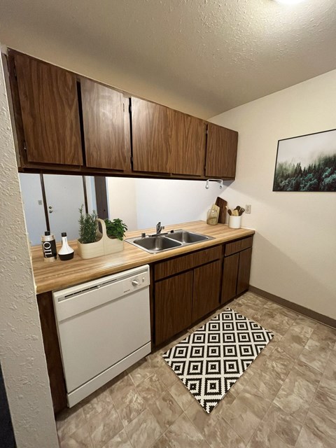 a kitchen with a sink and cabinets and a rug