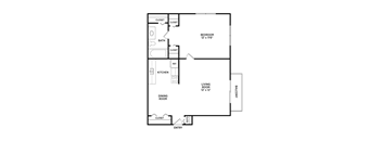 A floor plan of a small apartment with a bedroom, living room, kitchen, and dining room.