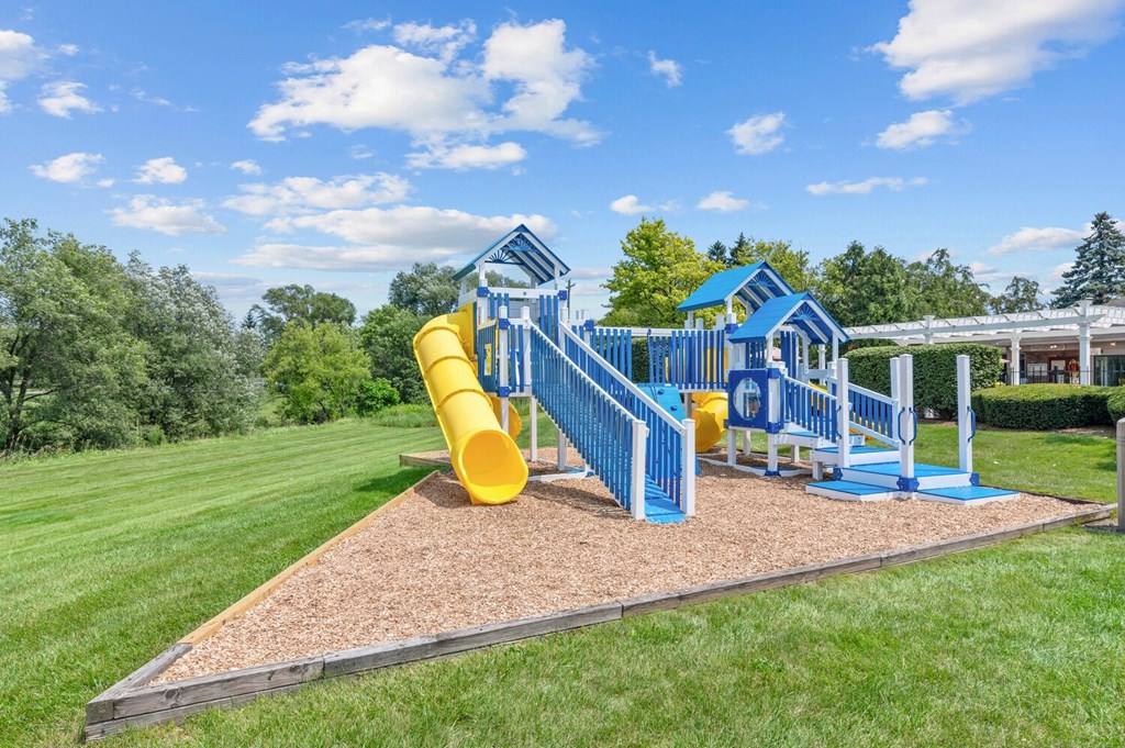 a playground with a yellow slide and blue playset