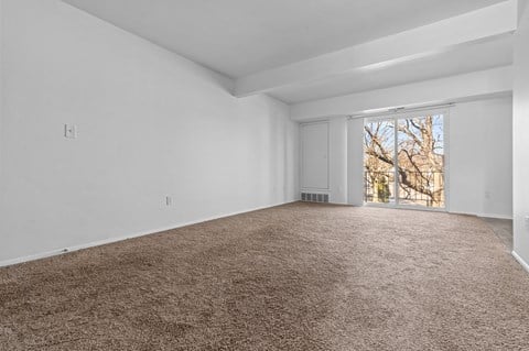 a living room with carpet and a door to a backyard