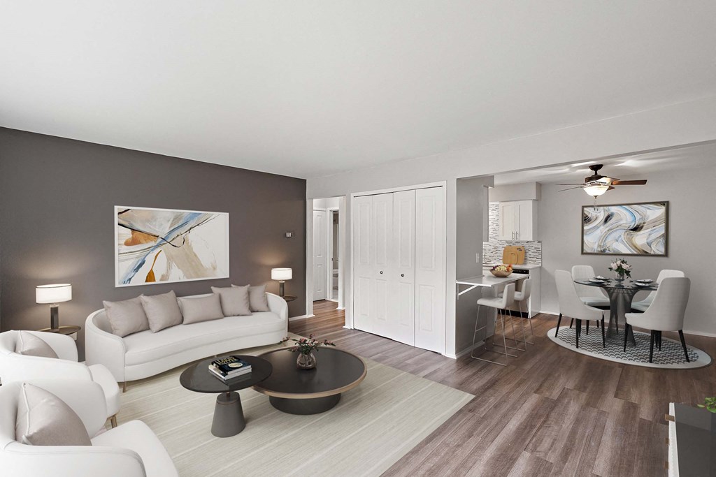 a living room with a couch and a table