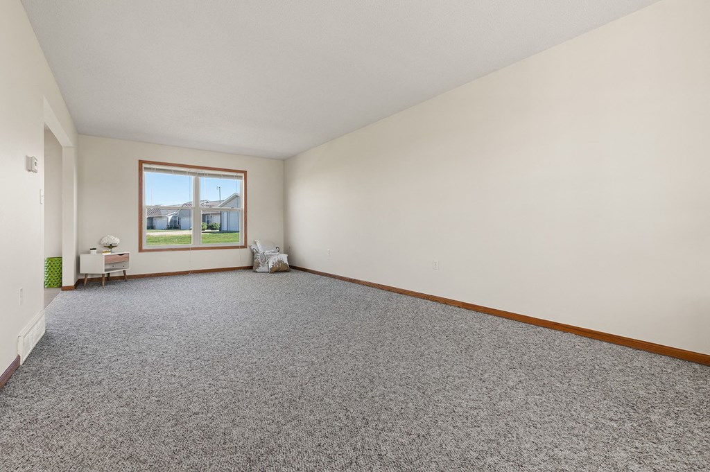 an empty living room with carpet and a window