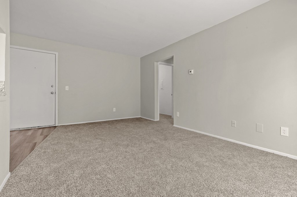 a spacious living room with carpet and a door to a bedroom
