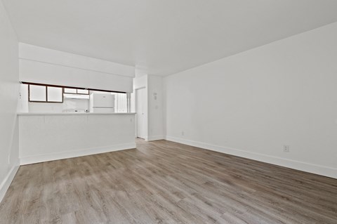 an empty living room and kitchen with white walls and wood flooring