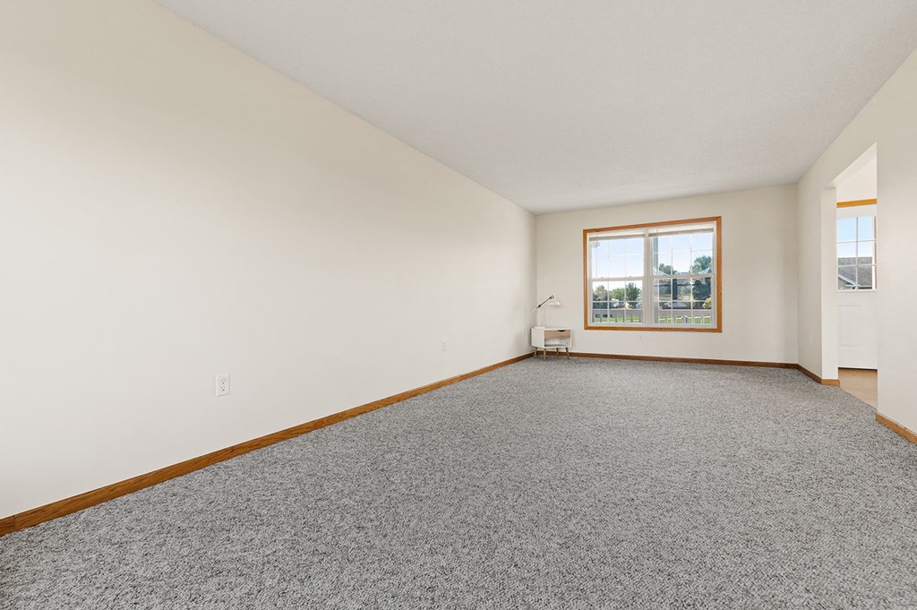 an empty living room with carpet and a window