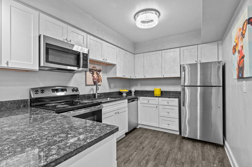 a kitchen with white cabinets and granite countertops at Apple Ridge Apartments - Livonia, MI, Livonia, MI, 48152