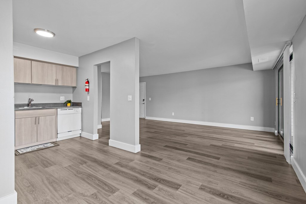 A kitchen with a sink and cabinets.