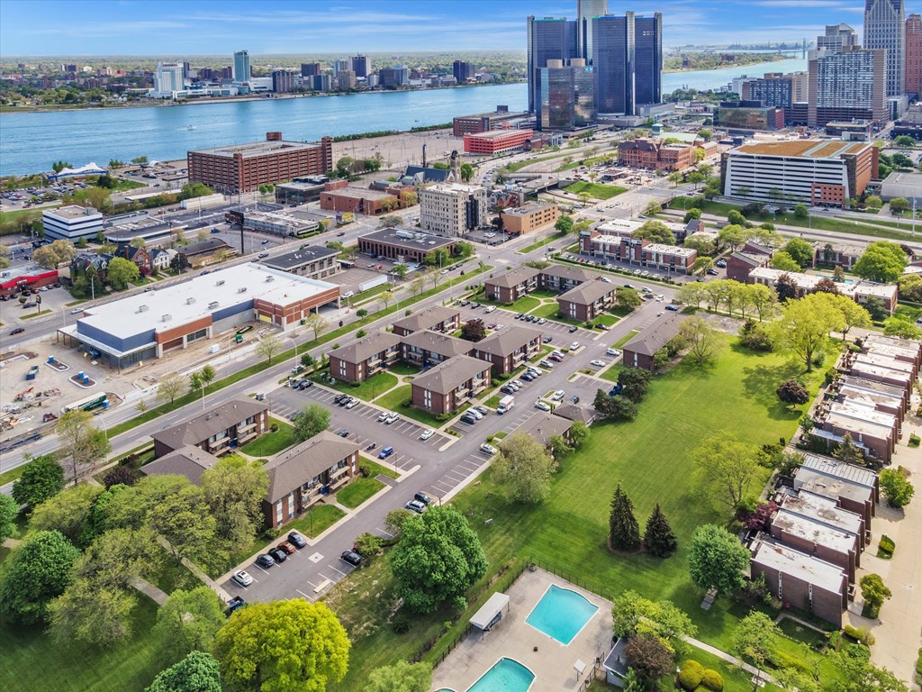 Detroit River and Renaissance Center at Lafayette Park Place, Michigan, 48207