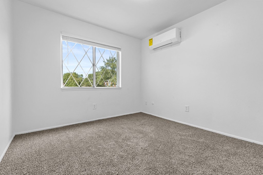 a bedroom with a window and carpet